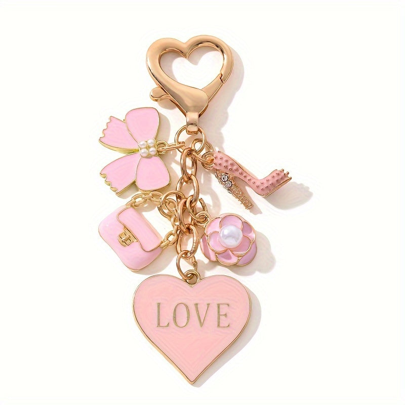 NXQXN Pink Mini Bag & Cosmetics Charm Keychain Ladies Key Ring - Metal Round Love Theme Keyring with Flowers & Heart Decor, Single Individual Piece, Wedding Festival Special, Ring Buckle Decorative Bag Pendant Gift