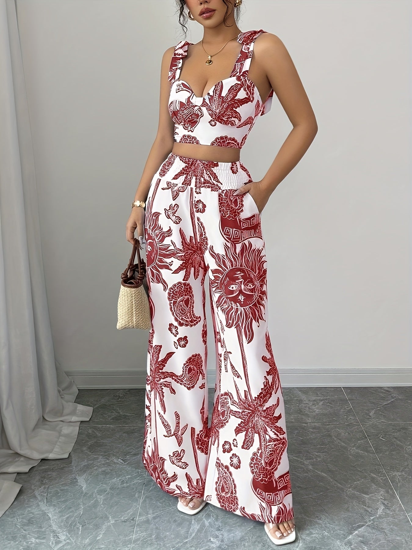 2pcs Bohemian Style Blue and White Floral Print Crop Top with Strapless Detail and Wide-Leg Pants, Perfect for Vacation or Casual Attire, Polyester, Spring/Summer Collection