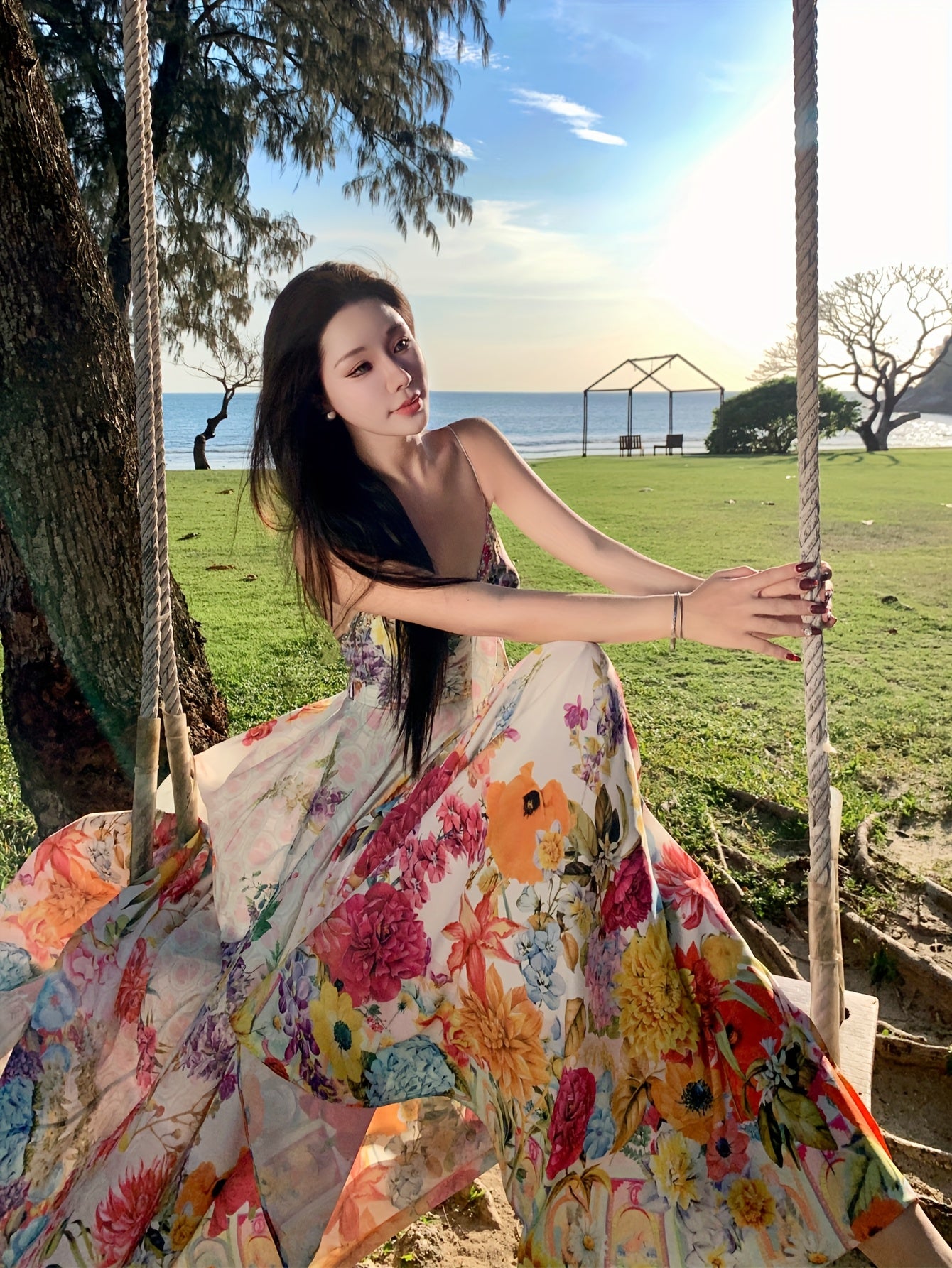 Women's Vibrant Floral Print Sleeveless Maxi Dress with Tropical V-Neck and Ruffled Hem - Perfect for Summer Vacations and Beach Outings, Vacation Attire | Fitted Waist, Beach Dress