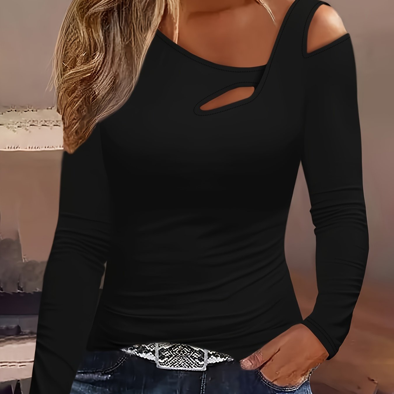 Cold Shoulder Cut Out Asymmetrical T-shirt, Chic Long Sleeve Top For Spring & Fall, Women's Clothing