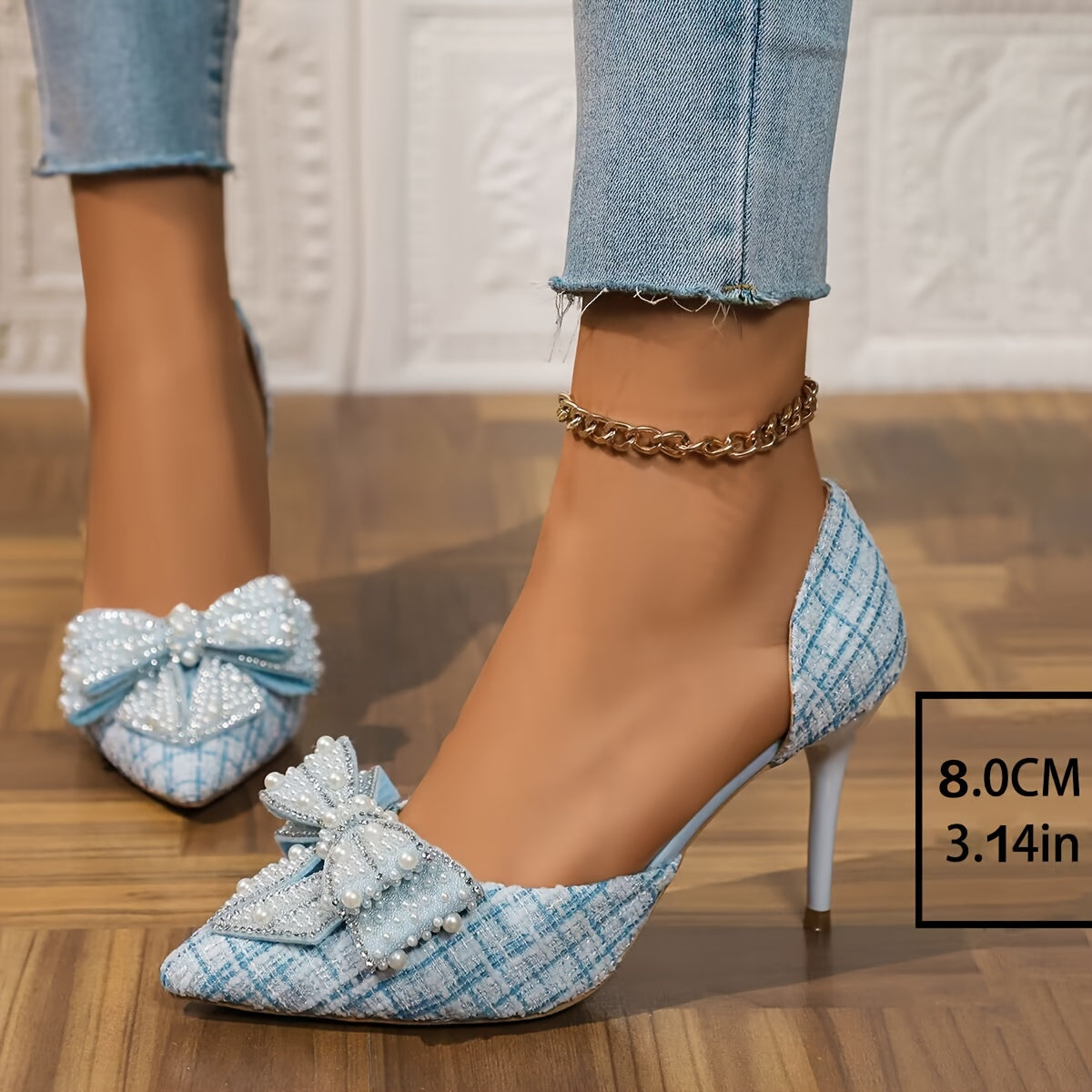 Women's Shallow Pointed Blue Bow Pearl Hollow High Heels Stiletto Fairy Style - For Spring & Autumn - Professional Work Shoes - Perfect Gift for Women