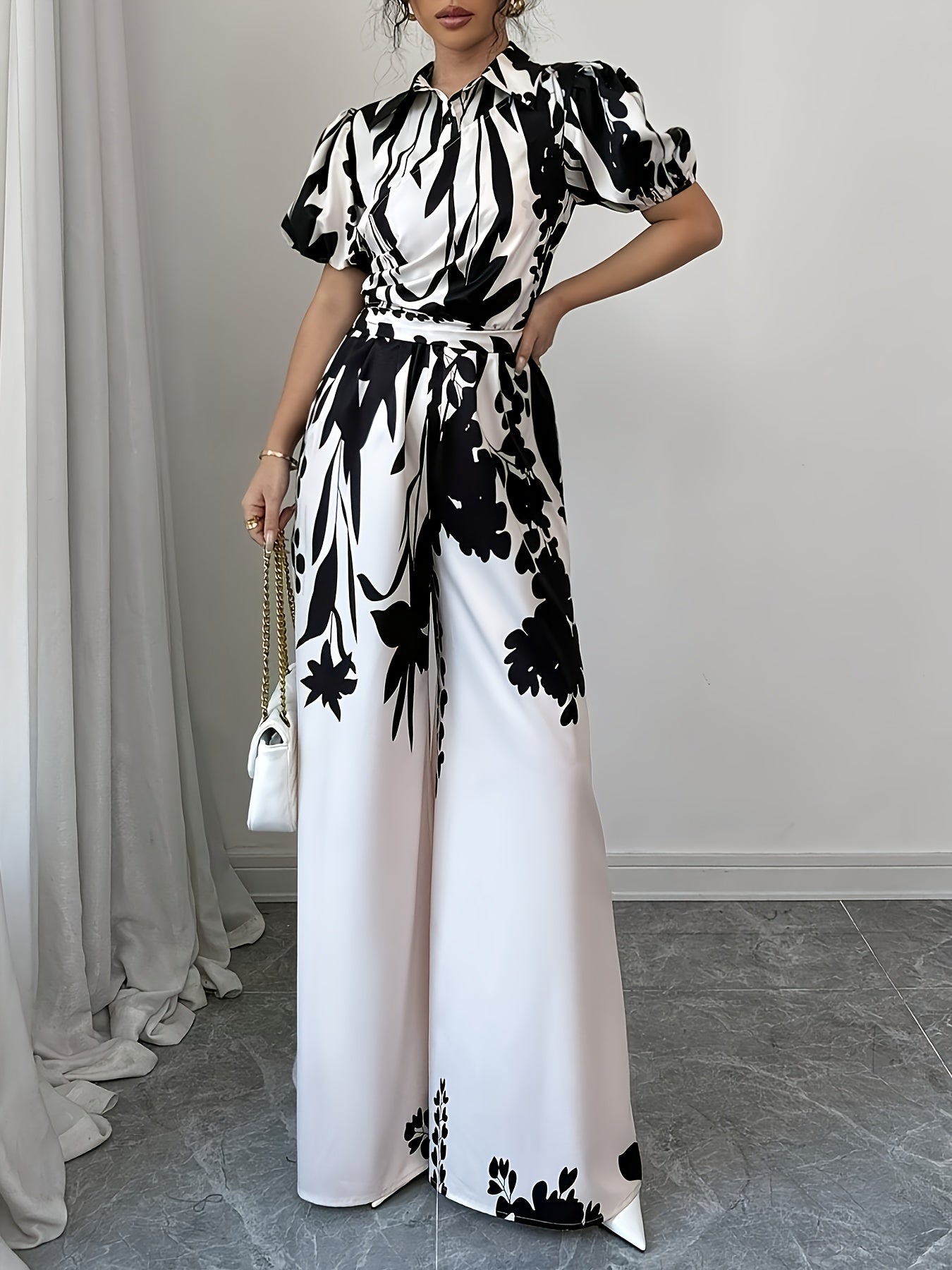 Elegant Floral Print Short Sleeve Long Palazzo Culottes with Belt for Adult, Going Out, Spring/Summe