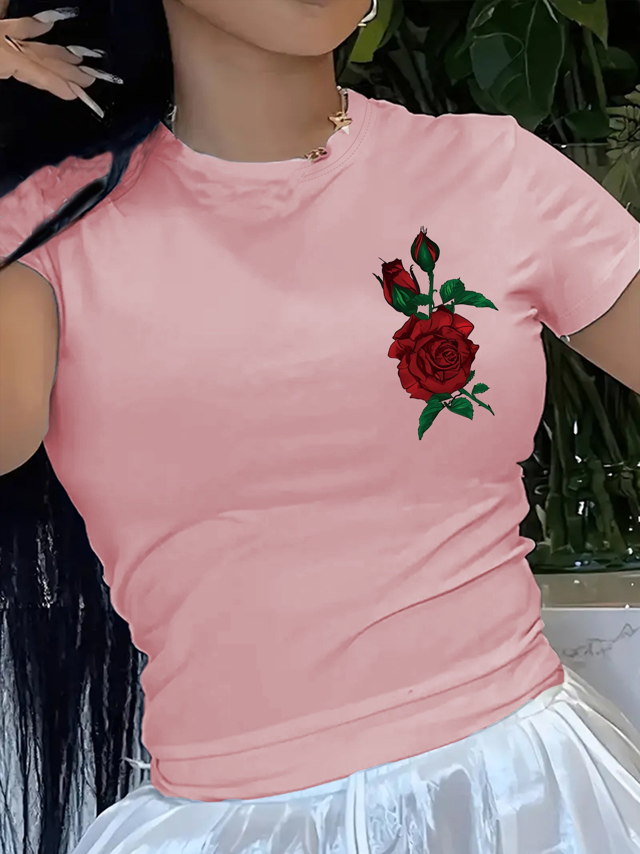 Vibrant Rose Print Short Sleeve Crew Neck T-Shirt - Soft, Breathable, Relaxed Fit, Casual Summer & Spring Top for Women - Perfect for Outdoor Activities, Daily Wear, and Gift Idea