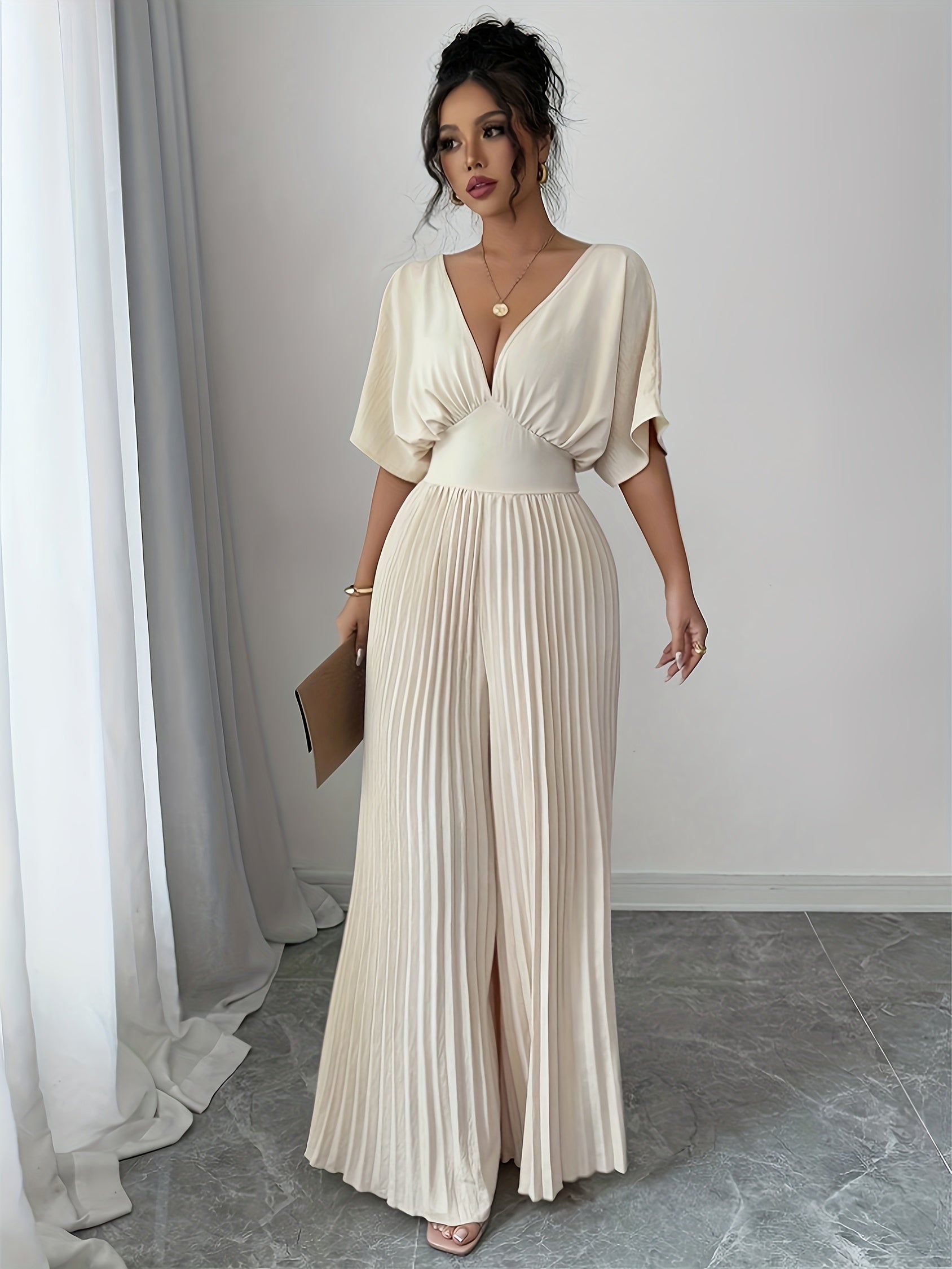 Women's Elegant Deep V-Neck Jumpsuit - Lightweight Breathable Fabric, Wide-Leg Pants, Machine Washable, Solid Color, Versatile for Casual & Formal Occasions, Allseason Apparel | Elegant Pantsuit | Stylish Jumpsuit, Ladies Jum