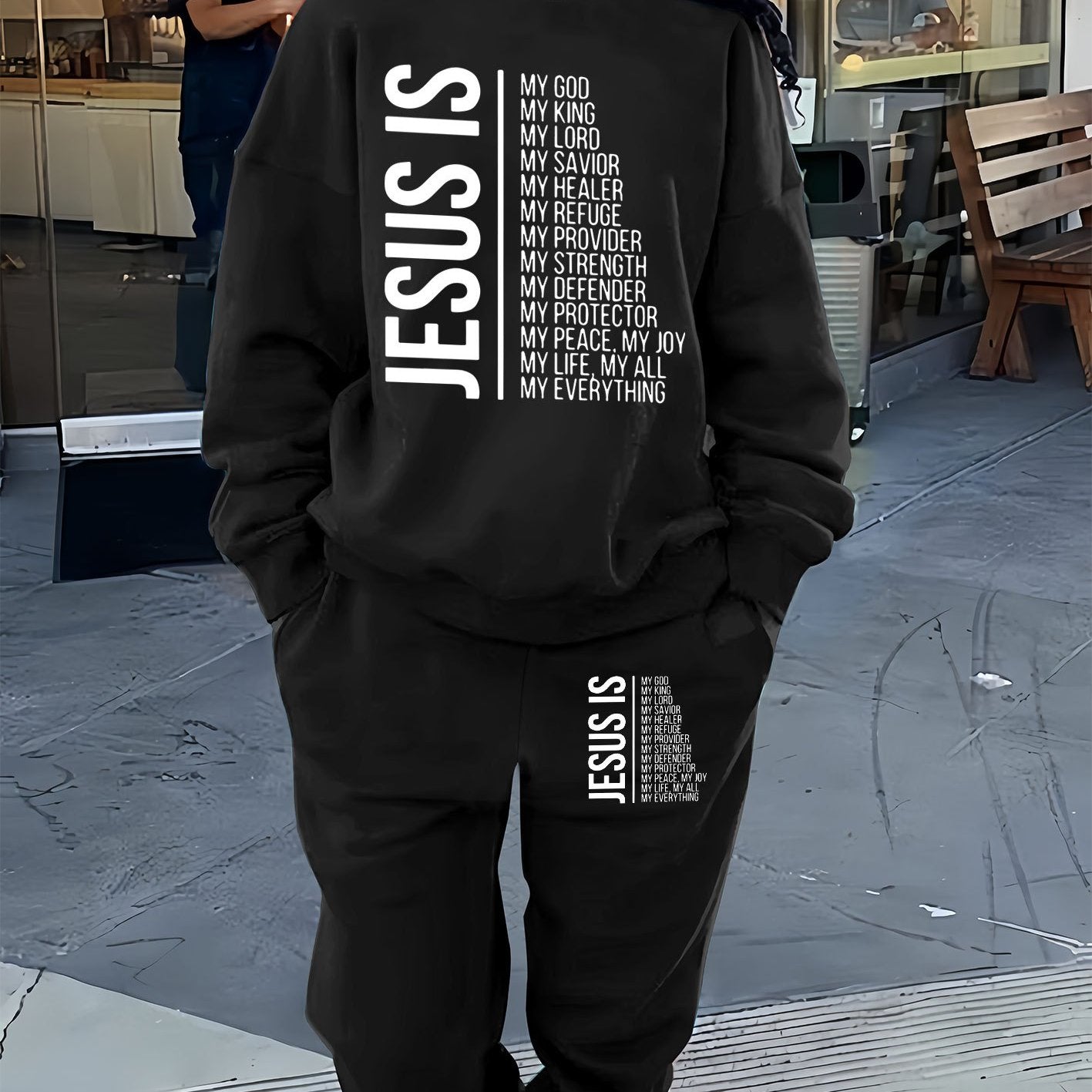 Cozy Fleece-Lined Women's Casual Letter Print Sweatshirt & Joggers Set - Machine Washable, All-Season Comfort