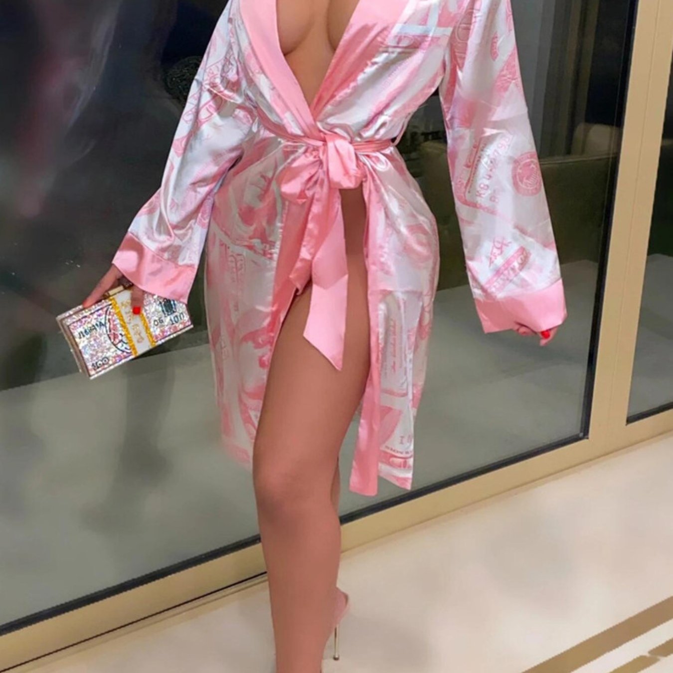 Women's Luxe Satin Robe with Golden Trim & Dollar Print - Long Sleeve V-Neck Kimono Bathrobe Sleepwear with Belt, Soft Polyester Fabric, Machine Washable, Ladies Bathrobe