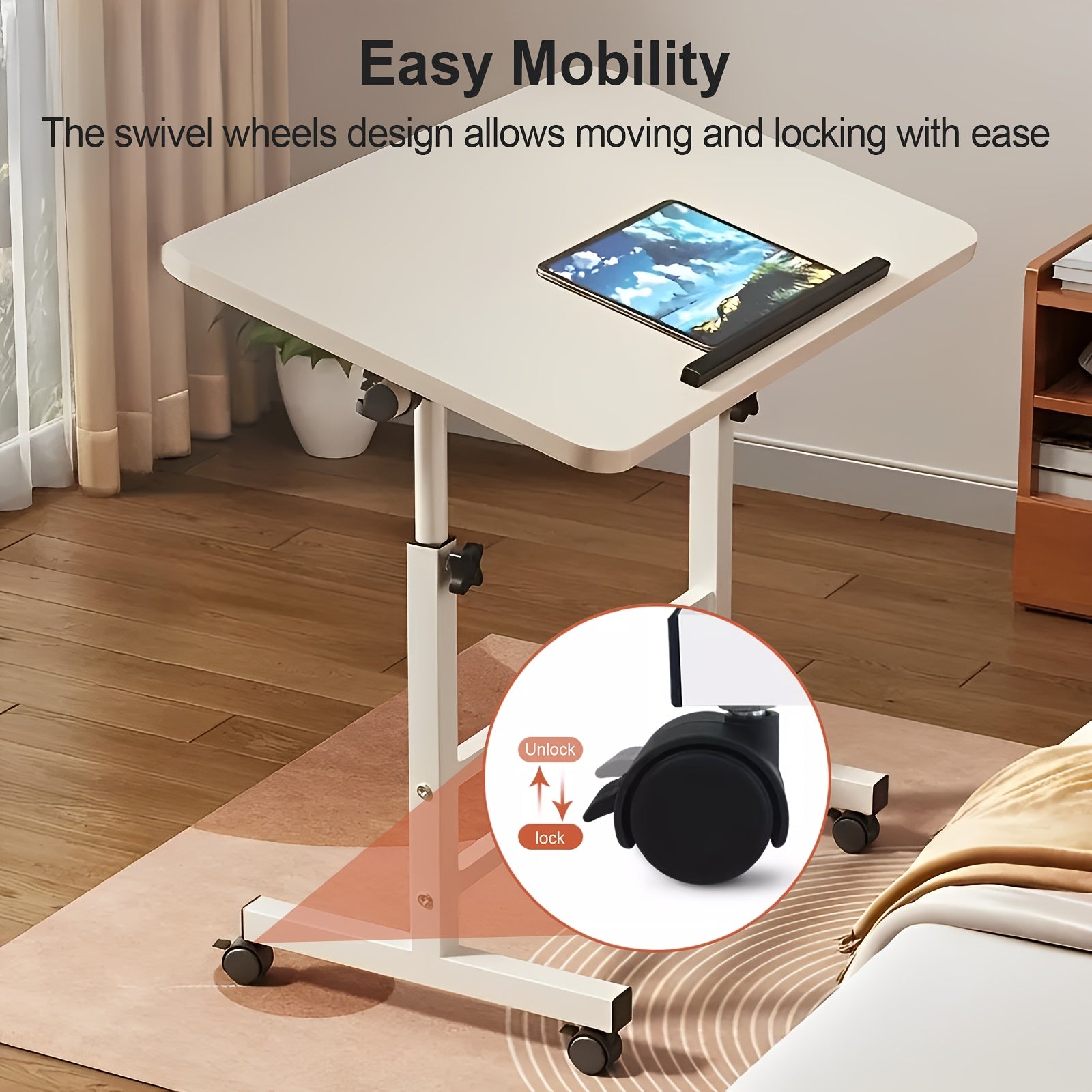 Ergonomic Standing Desk Adjustable Height, Mobile Computer Desk with Universal Wheel, Stable And Comfortable, Sturdy And Durable, Easy to Assemble, Spacious Study Table, Suitable for Home Office, Sofa