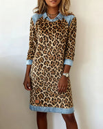 Stylish Fashion Forward Leopard Print Patchwork Long Sleeve Dress