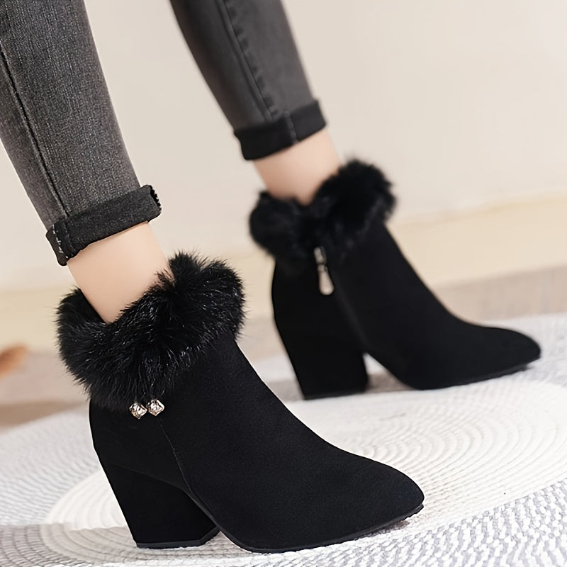 [Autumn Women's Boots] 2024 Autumn And Winter New Women's Short Boots - High Heels, Pointed Toes, Plush Lining, Low-Top Design, Casual And Stylish, Versatile And Comfortable, Elegant