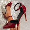 Burgundy Stiletto Heels Elegant Women's Sandals - Sleek Pointed Toe with Side Cut-Out, Faux Cover Strap & Rubber Sole, Perfect for Evening Events