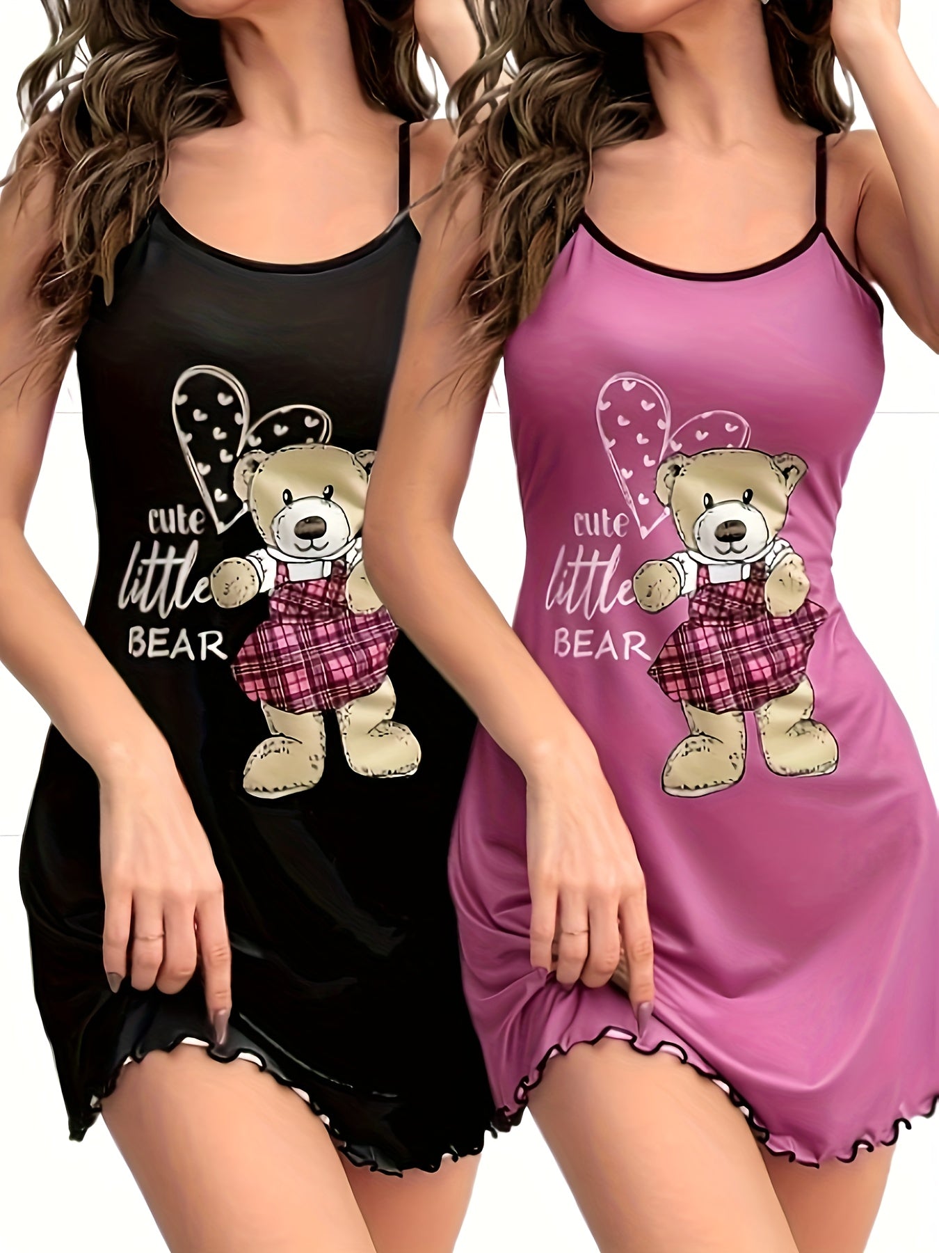 Two Pieces of Bear Print Pajamas, a Round-Neck Ruffled Edge Backless Camisole Dress, Women'S Sleepwear.