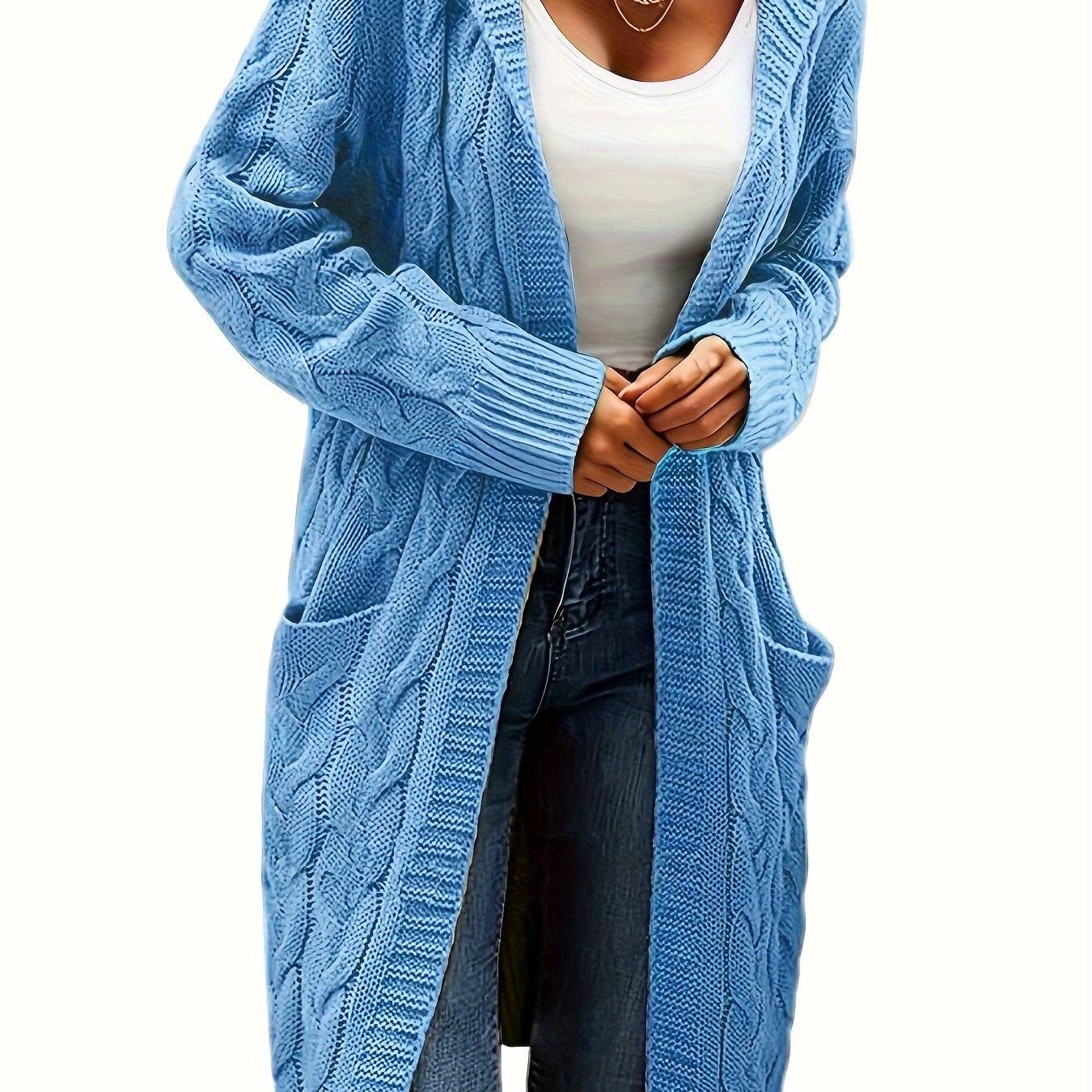 [Open Front] Women's Casual Cardigan - Black Cable Knit, Long Sleeve, Open Front with Pockets - Relaxed Fit for Fall/Winter