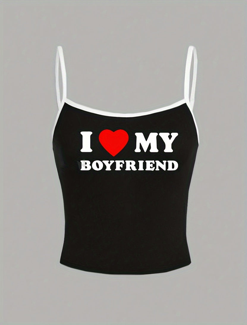 Y2K-Inspired "I Love My Boyfriend" Tank Top - White with Black Straps, Heart Graphic, Casual All-Season Top for Women, Casual Wear|Playful Graphic Top|Comfortable Strap Design, Y2K Tank Tops