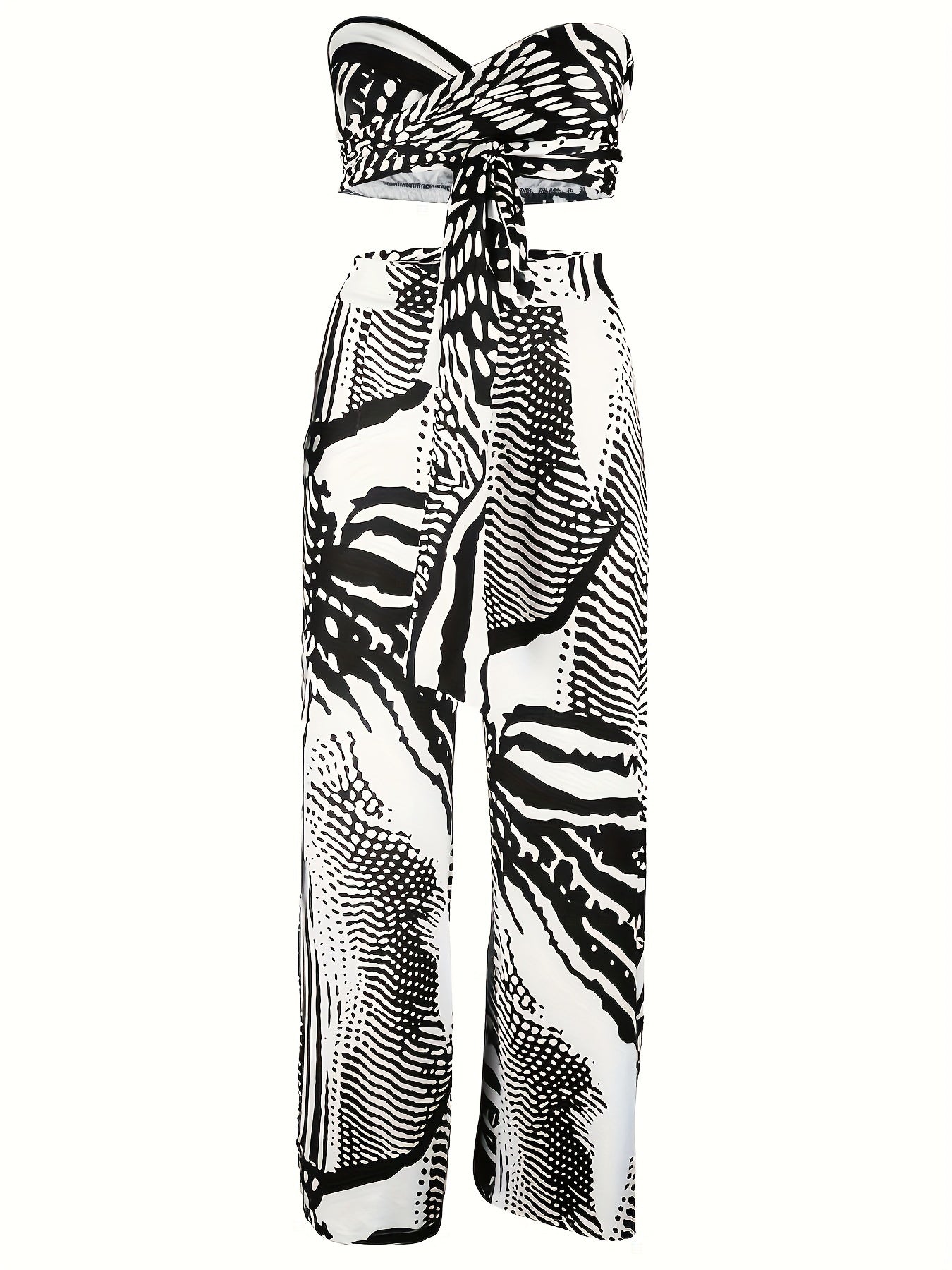 Women'S Sexy Cropped Top and Wide Leg Pants Set with Cross Neckline, Tie Detail, and Knit Fabric - All-Season Polyester Jumpsuit