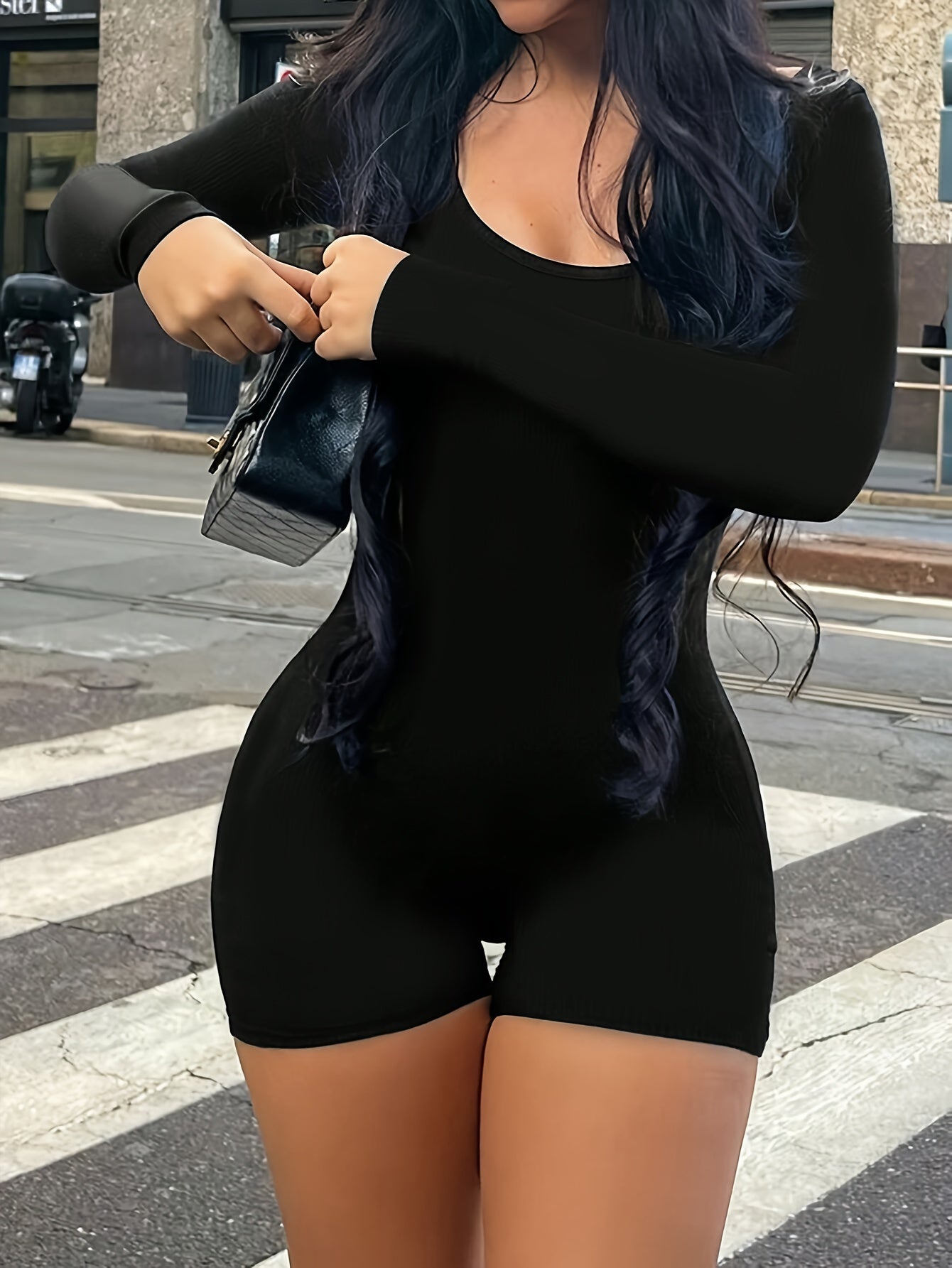 Chic Women's Solid Black Long Sleeve Romper - Round Neck, Slim Fit Jumpsuit with Ruched Detail, Stretchy Polyester Blend, Machine Washable for Spring/Summer