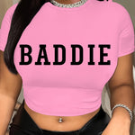 Letter Print Crew Neck Crop T-Shirt, Casual Short Sleeve T-Shirt For Spring & Summer, Women's Clothing