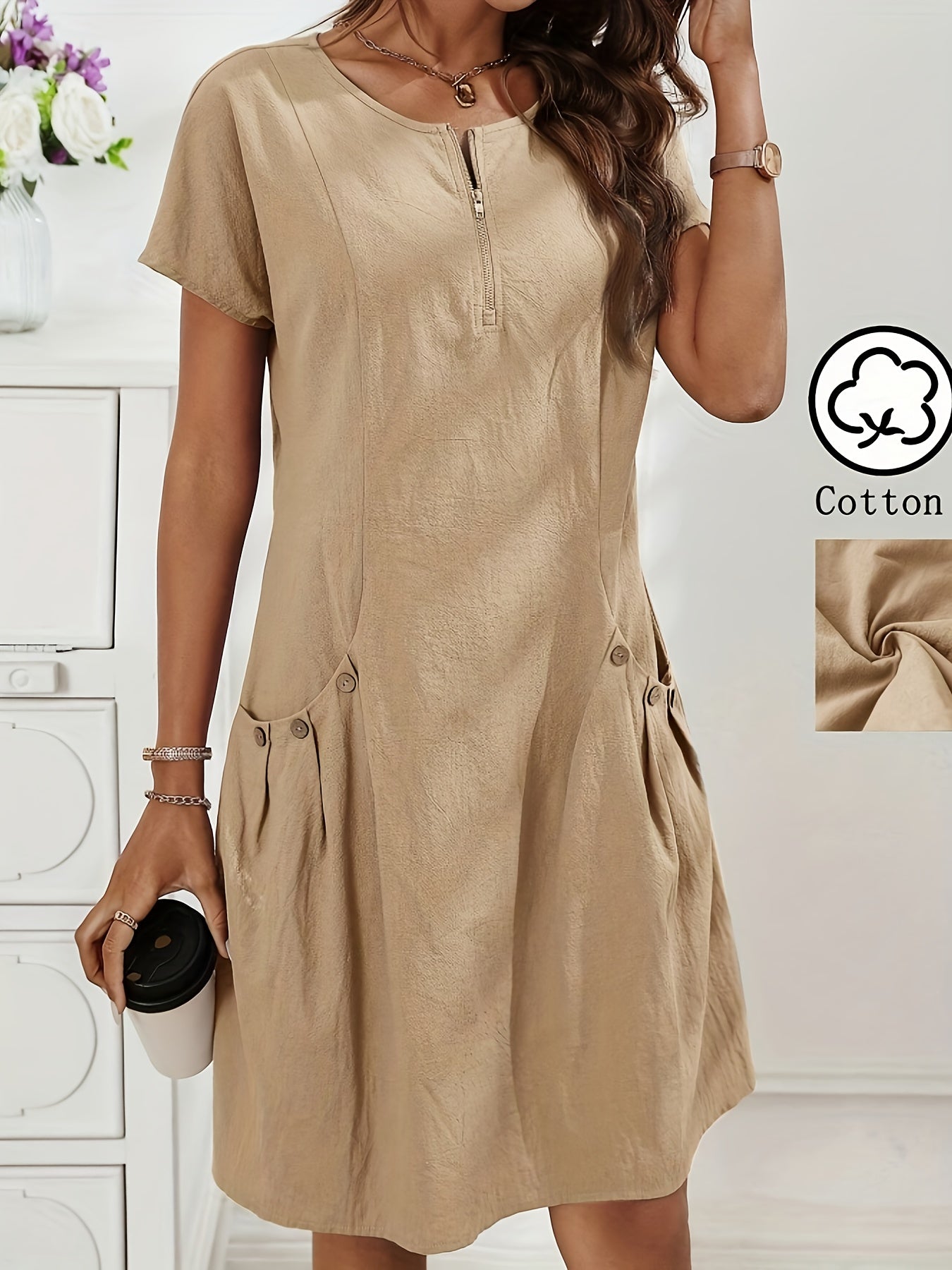 Women's Light Pink Summer Casual Dress with Zipper Half Placket, Button Decor & Double Pockets - Elegant Loose Fit for Spring/Summer, Cute Summer Dresses