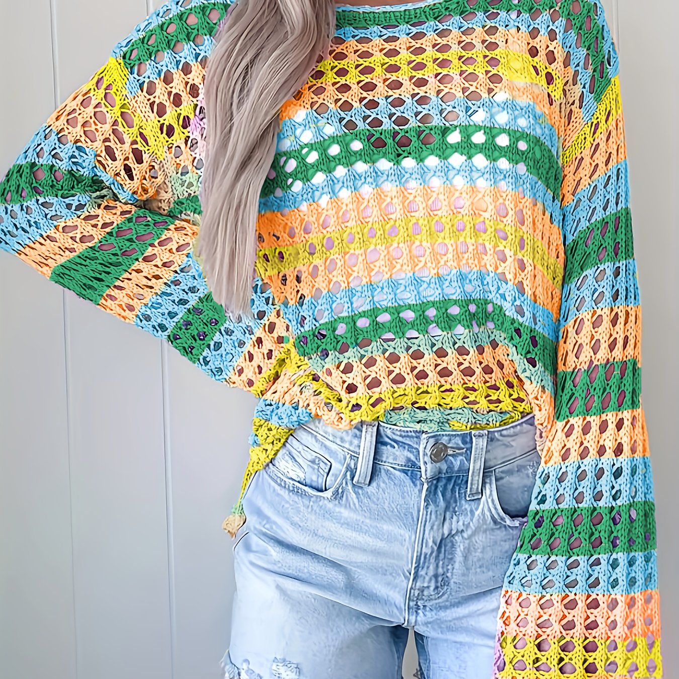Women's Bohemian One-Shoulder Crochet Cover-Up - Lightweight Lace- Beach Top with Color-Block Design, Short Front & Long Back, Multi-Color Pastel Shades for Spring/Summer Vacation Poolside Casual Wear, Curve Beachwear