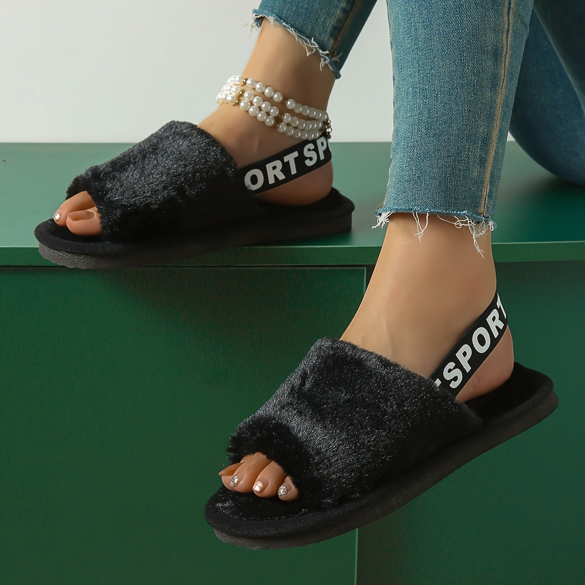 Women's Cozy Fuzzy Lined Open-Toe Slippers – Soft Plush House Shoes with Adjustable Strap & Elastic EVA Sole