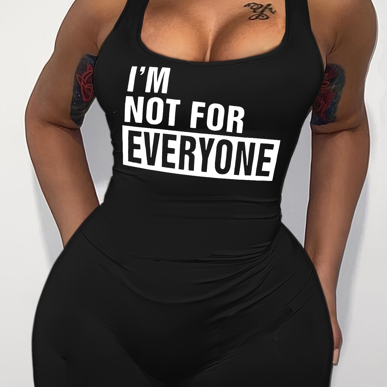 Women'S Black Bodycon Jumpsuit with "I'M NOT FOR EVERYONE" Print - Sexy Square Neck, Short Sleeve, Shorts Design, All-Season Fashion, Adult Size, Adult Fashion Jumpsuit | Bold Statement Jumpsuit | Comfortable Jumpsuit