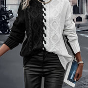 Women's Elegant Color Block Turtle Neck Sweater - Soft Cable Knit Long Sleeve Design, Perfect for Fall and Winter Seasons, Classic Fashion Clothing for Ladies