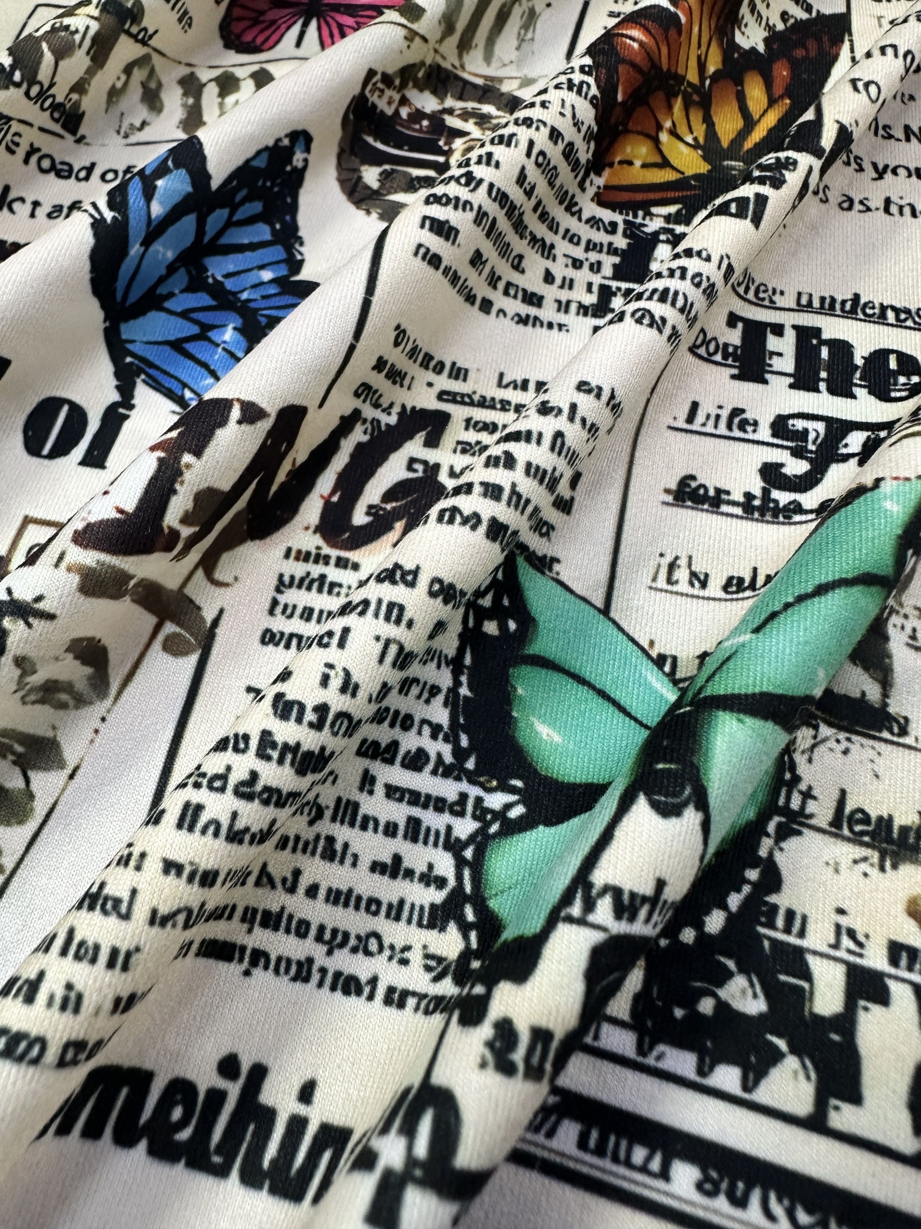 Young Crew Neck Butterfly Print Knit Fabric Polyester Top, 200g/m², for Spring/Summer