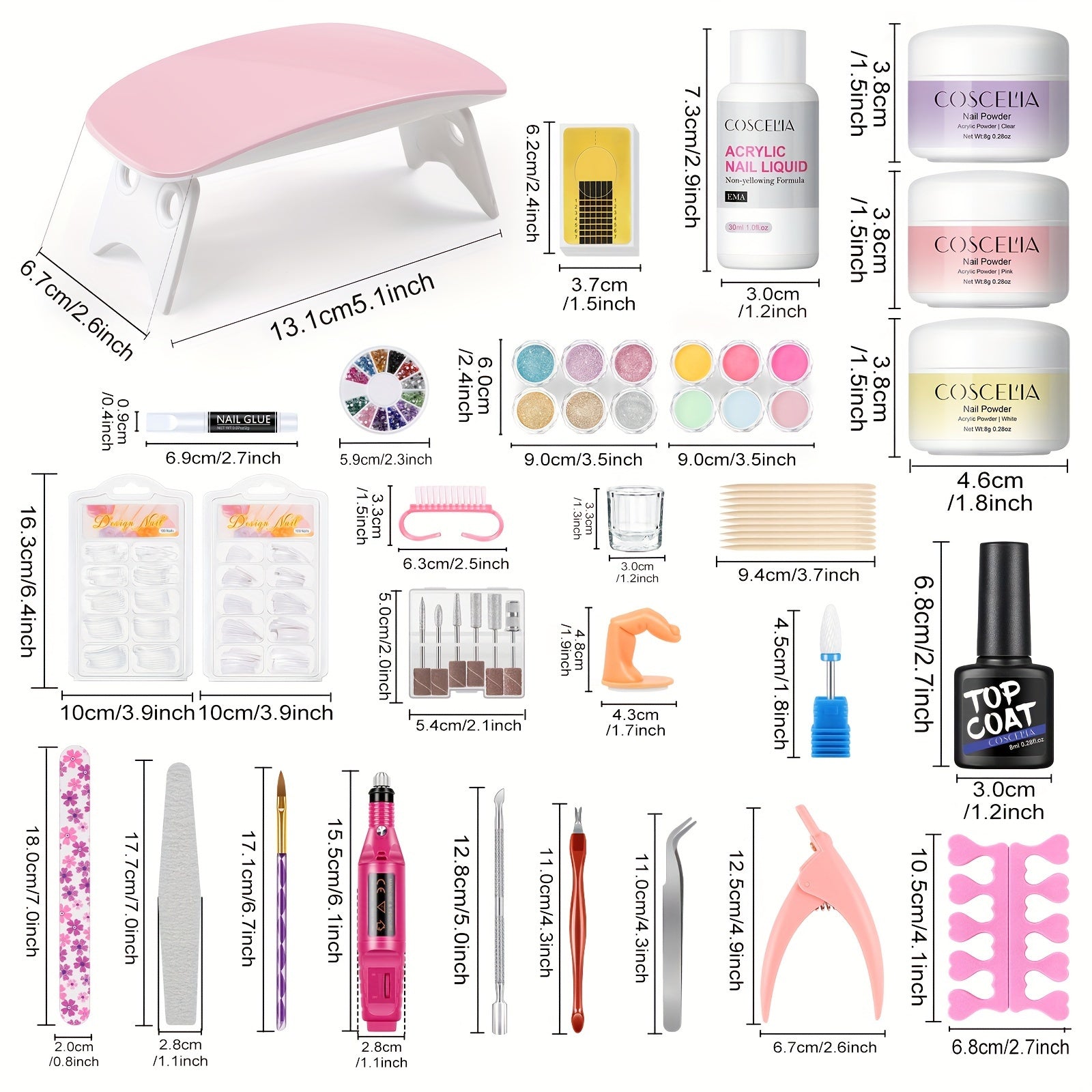 Acrylic Nail Powder Kit with Nail Lamp & Drill – 37PCS Acrylic Nail Set for Beginners & Professionals – White, Pink, Clear Powders + Tools & Decorations