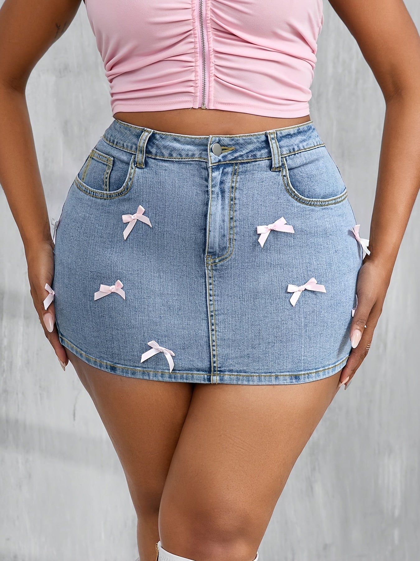 Plus Size Sexy Tight Denim Mini Skirt With Bow Decor, Blue