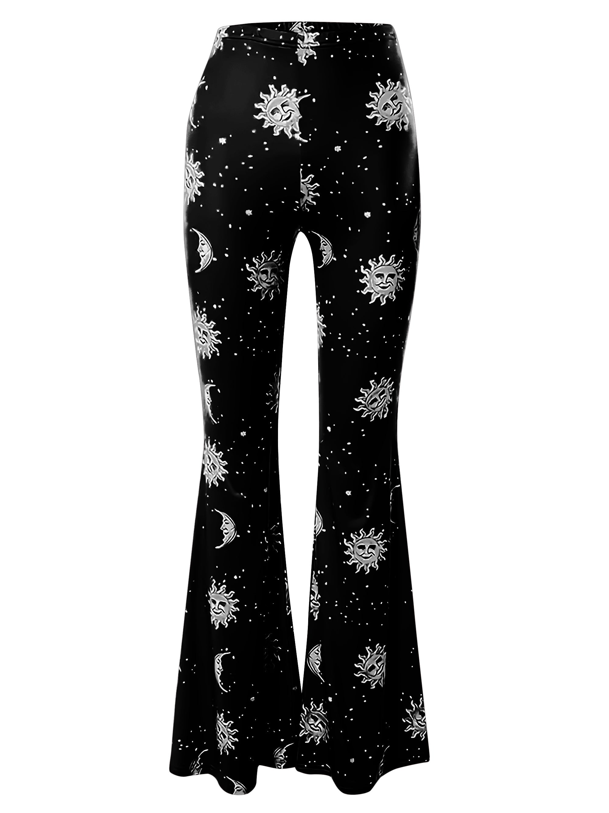 Polyester Spandex Blend Flare Leg Pants - Galaxy Moon Sun Print - Young Style for Adult Women - Spring/Fall Season