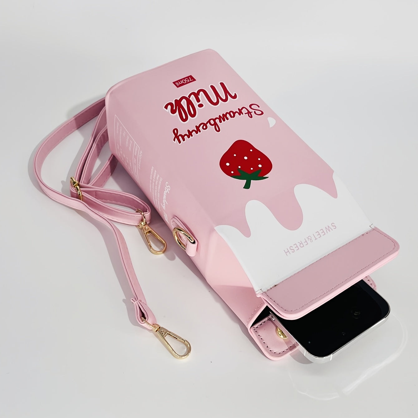 Unique, Chic Milk Carton-Shaped Crossbody Bag with Cow & Letter Print, Adjustable Strap, Zip Closure - Perfect for Travel & Everyday Use, Pink Faux Leather, Girl, Strawberry Pattern