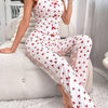 [Cherry Print Knit Pullover Pajama] Women'S Elegant Cherry Print Pajama Set, Sexy Spaghetti Strap Backless Long Pants, Knit Fabric Pullovers with Contrast Mesh, Polyester 95% Elastane 5%, Spring/Summer/Fall Sleepwear