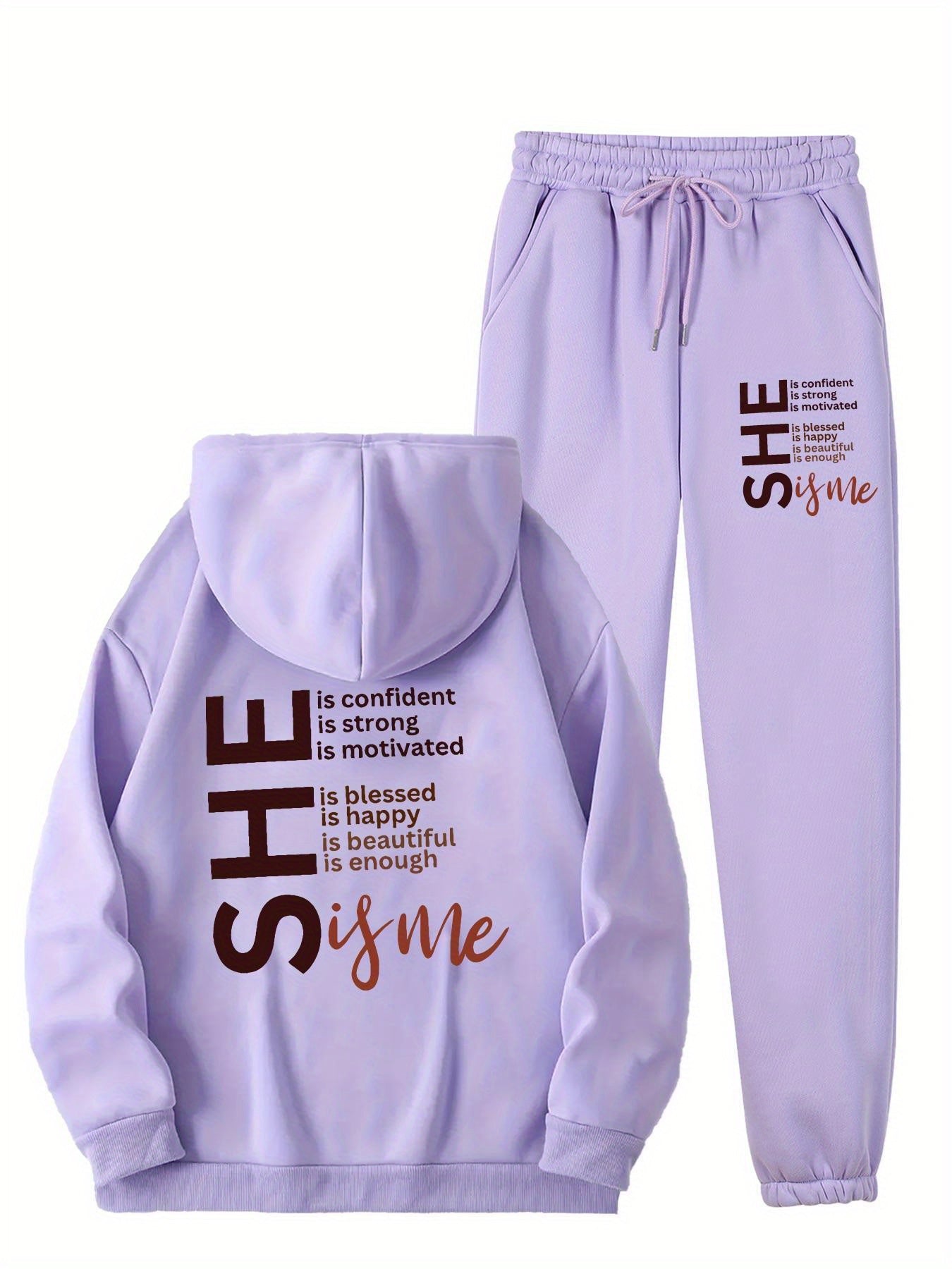 Cozy Fleece-Lined Women's Hoodie & Sweatpants Set with Letter Print - Machine Washable, Pocket Detail, Polyester