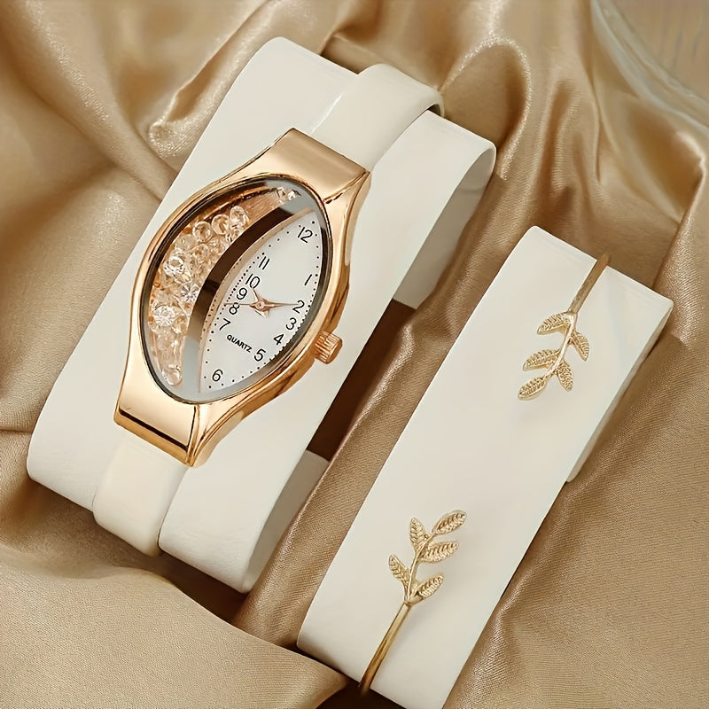 Beautiful wine barrel-shaped watch case alloy ladies quartz wristwatch paired with a leaf bracelet, perfect match and first choice for her gift