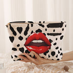 Leopard Print & Red Lips Pattern Cosmetic Bag - Polyester Makeup Pouch with Zipper, Chic Velvet-Like Toiletry Organizer, Non, Lightweight & Lined Multifunctional Travel Case