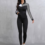 Women'S 2pcs Color Block Athletic Set - High Stretch Fabric, Hooded Jacket & Leggings, Black/White/Teal Patchwork, All-Season Workout Outfit, Gym Clothes|Sporty Look|Versatile Jacket