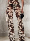 Women's High-Waisted Brown & White Tie-Dye Flare Pants - Slim Fit, Stretchy Casual Bell Bottoms with Fringe Detail, Machine Washable, All-Season Style, Versatile Fashion | Medium Elasticity, Cute Pants