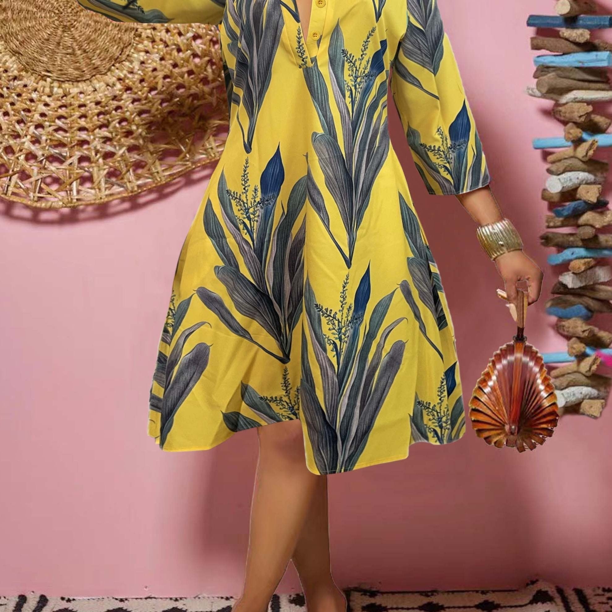 Floral Button-Down Midi Dress with Long Sleeves, Women's Casual Dress