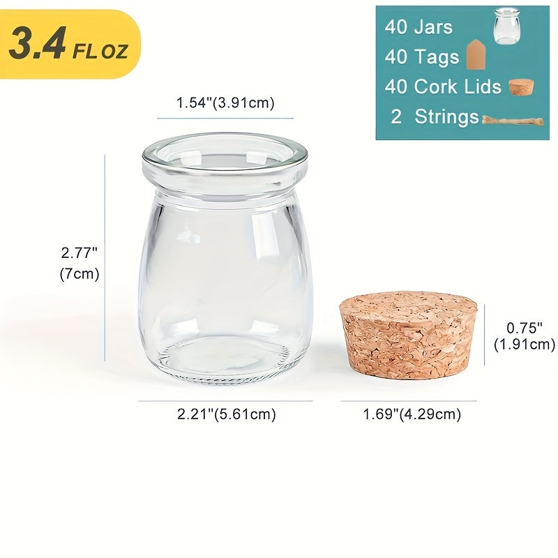 40pcs Small Glass Jar with Wooden Stopper Lid 3.4 Oz Yogurt Pudding Jar Candy Storage Glass Container with Label And Rope Suitable for Wedding Party Gifts