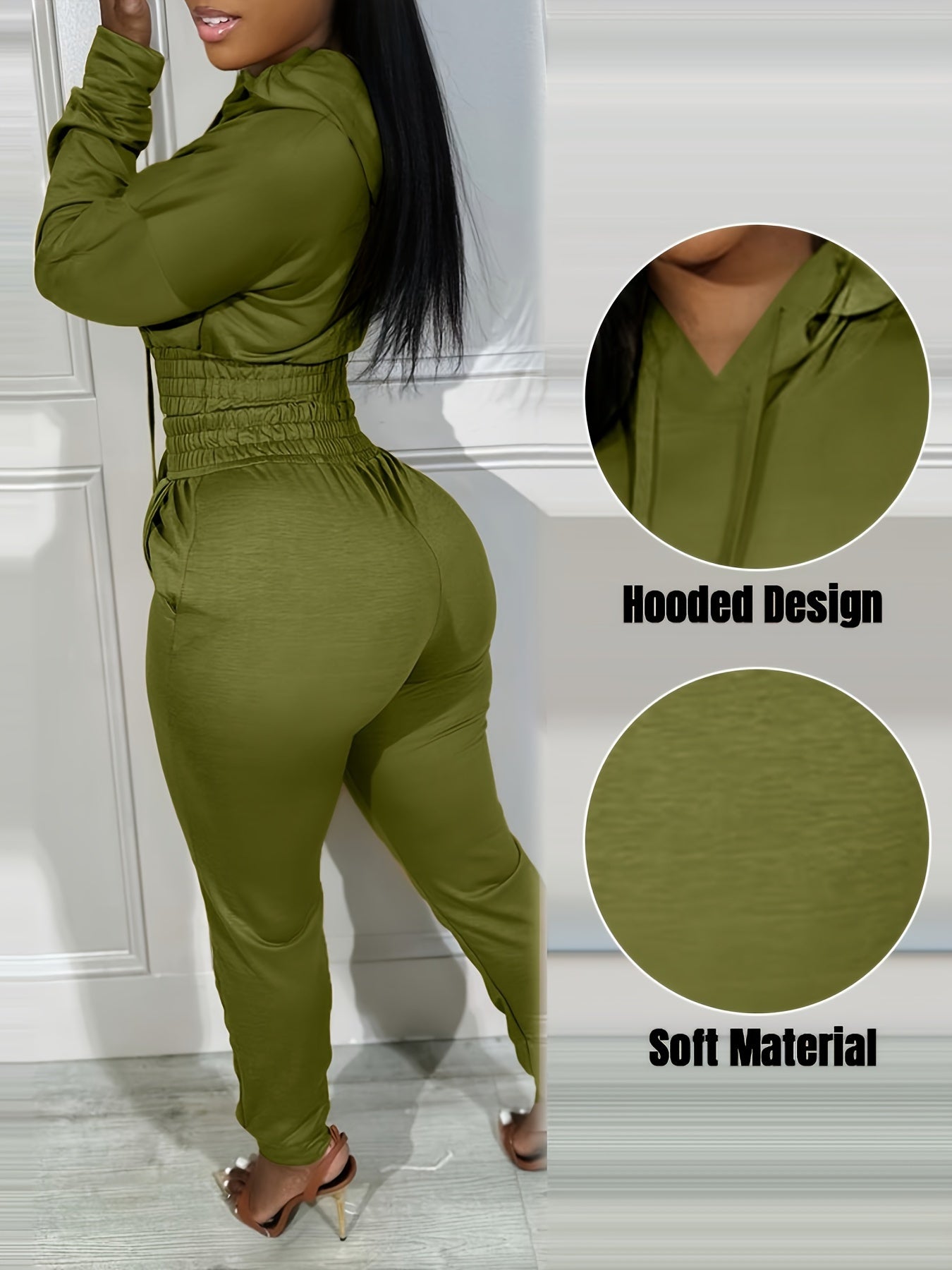 Two-piece Long Sleeve Kangaroo Pocket Drawstring Hoodie & High Waist Drawstring Jogger Pants, Casual Solid Color Women's Clothing Set
