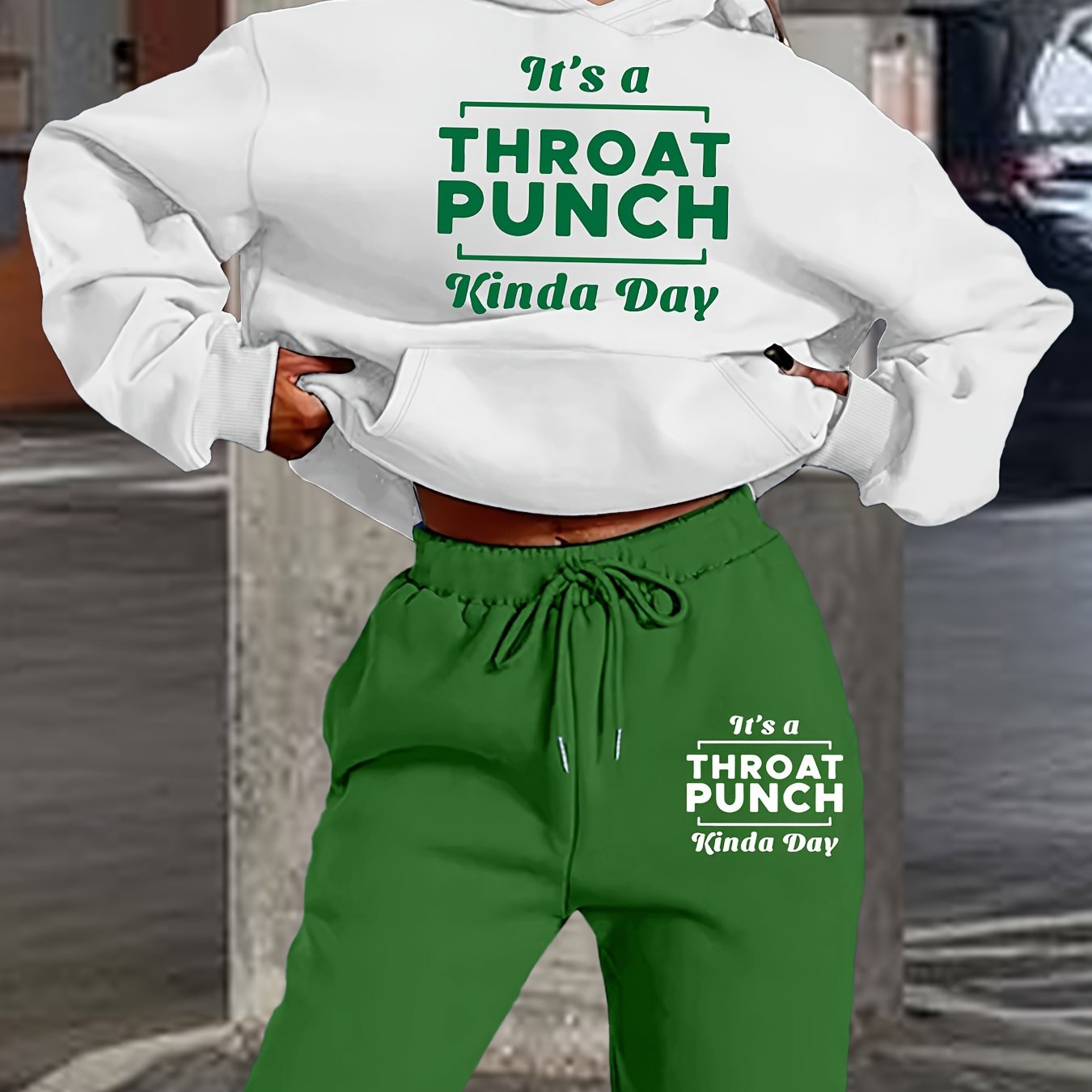 Women's Fashionable Athletic Two-Piece Set: White Hoodie with "THROAT PUNCH" Print & Blue Joggers with Drawstring - Casual, Trendy Streetwear, Polyester, Relaxed Fit Clothing|Playful Graphic Print|Glossy Fabric