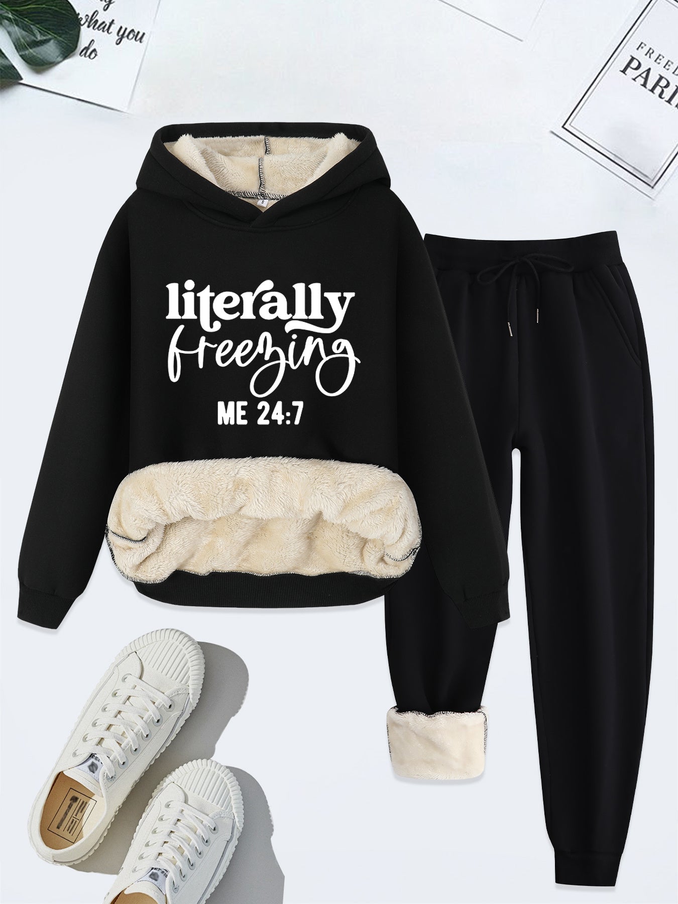 Cozy Plush Letter Print Hoodie & Pants Set for Women - Casual Knitwear, Machine Washable, Perfect for Fall/Winter