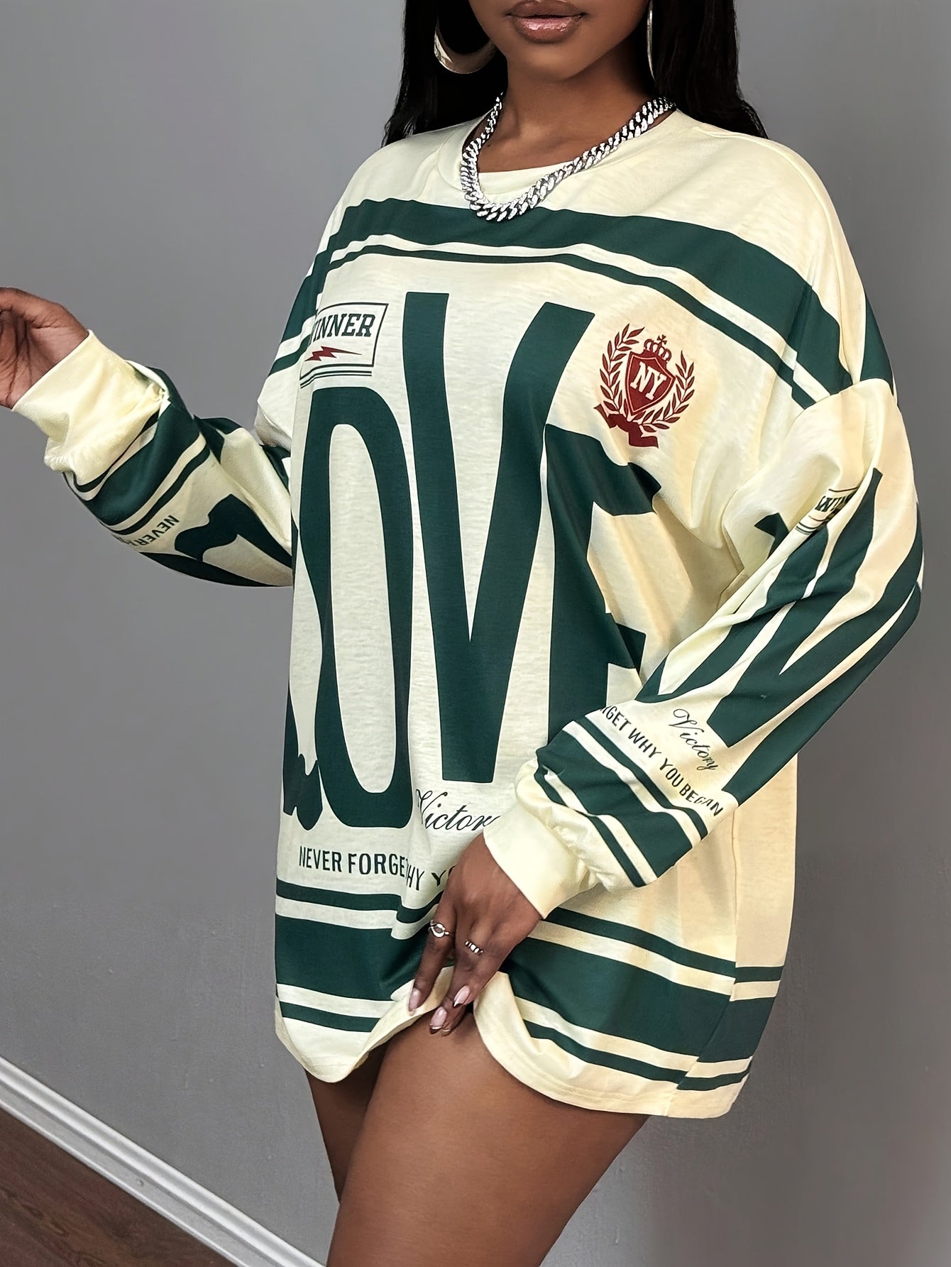 Women'S Casual "LOVE" Graphic Long Sleeve T-Shirt - Beige & Green, Drop Shoulder, Pullover, Medium Stretch, Fall & Spring Style, Fall Casual Wear | Graphic Tee | Comfortable Fit, Ladies T Shirts