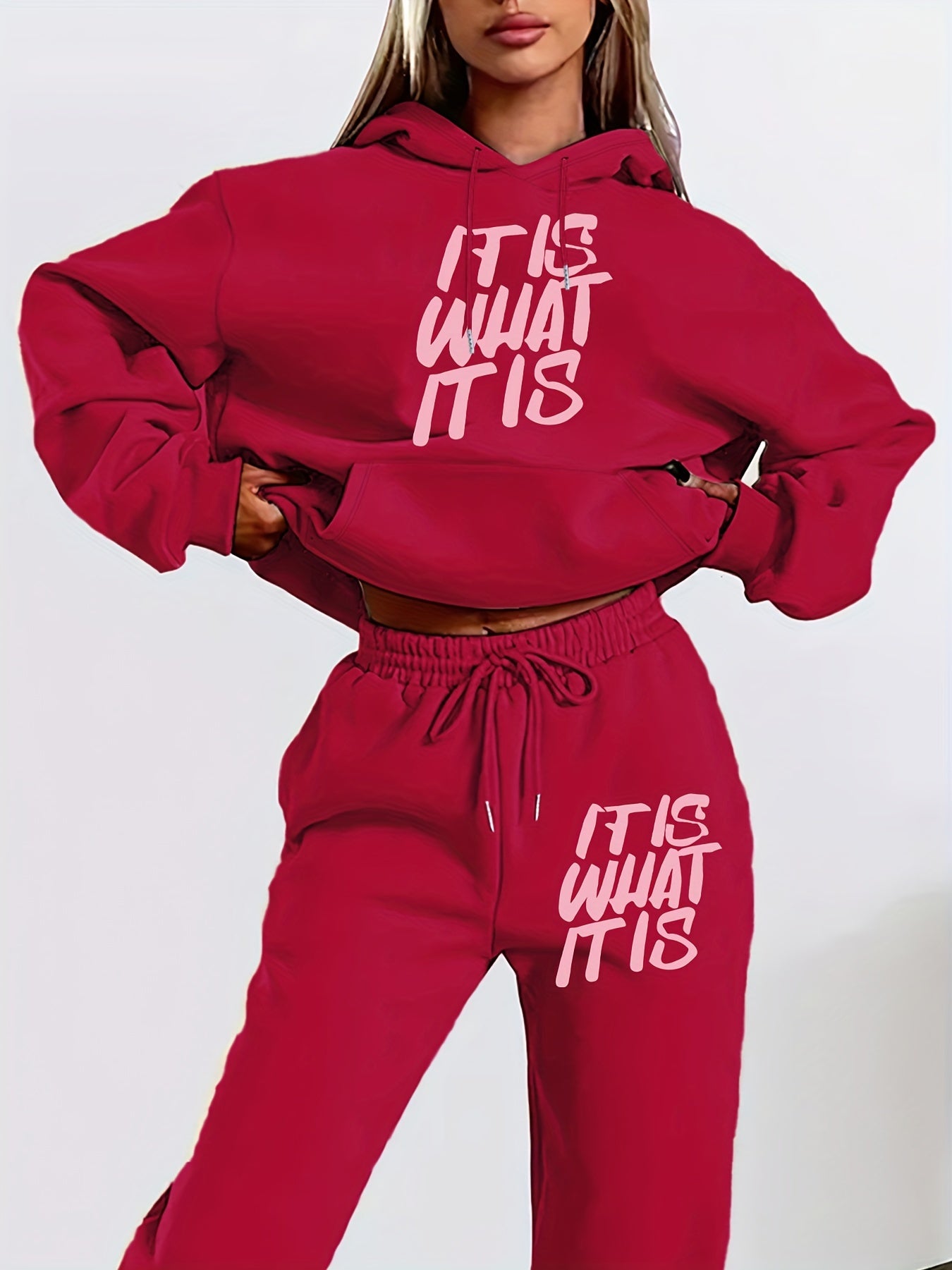 [Geometric Print Hoodie Set] Long Sleeve Geometric Print Hoodie & Jogger Set - Polyester Blend, Machine Washable, Kangaroo Pocket - Women's Casual Fall/Winter