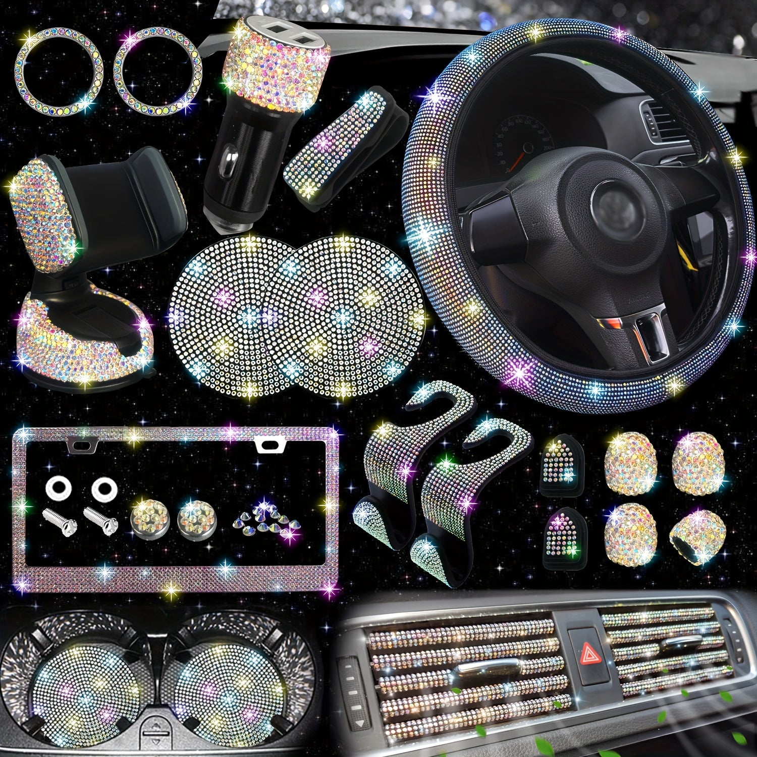 27pcs Bling Car Accessories Set for Women, Bling Steering Wheel Covers Universal Fit 15 Inch, Bling License Plate Frame, Bling Car Phone Holder, Bling Car Coasters, Bling Car Fast Charger, Bling Valve Caps