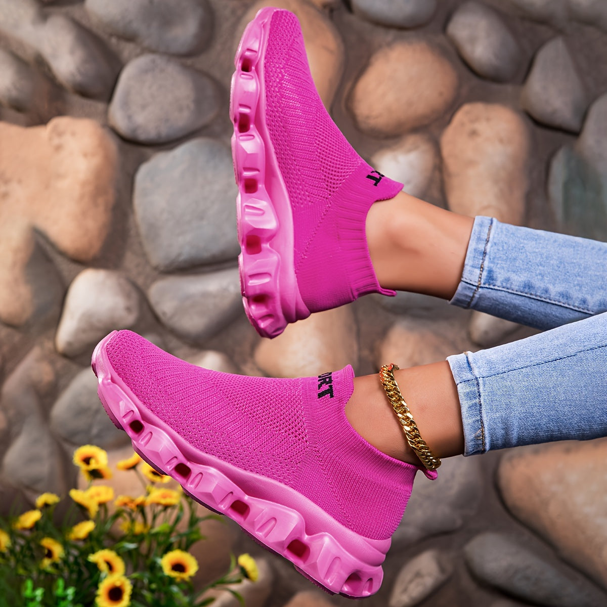 Women'S Fashion Sneakers, Breathable Knitted Fabric Upper, Slip-On Low Top Sports Shoes, Solid Color, EVA Sole, All-Season Casual Athletic Footwear