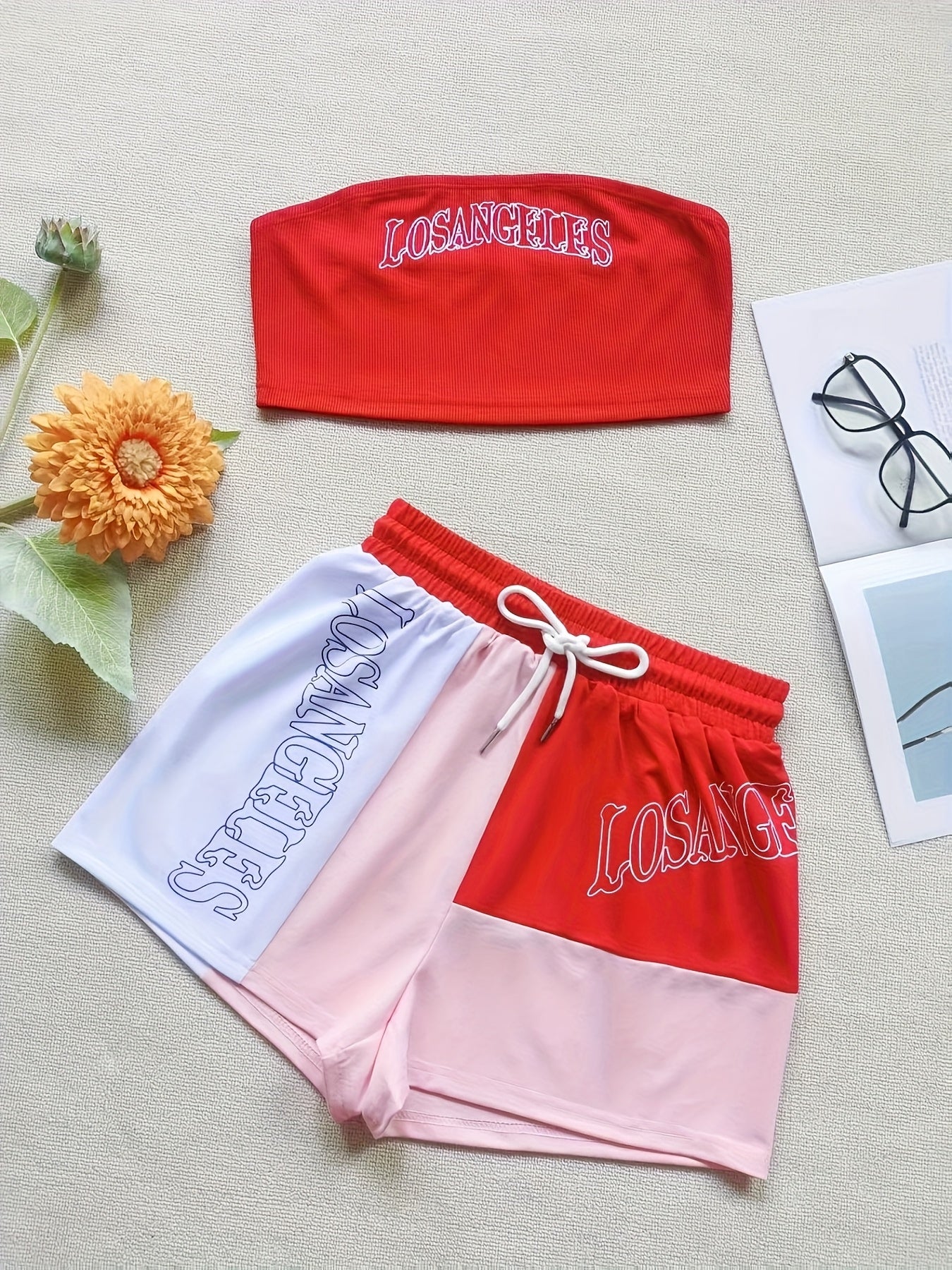 Women'S Stylish Casual Printed Color-Blocked Shorts And Strapless Two-Piece Set