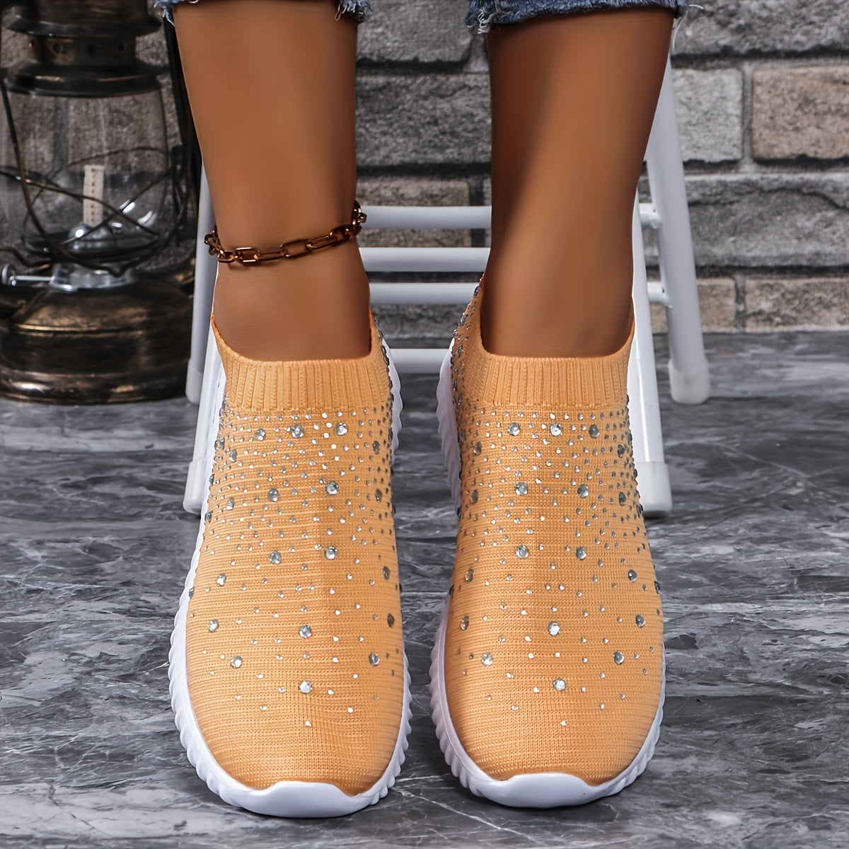 Women's Walking Sneakers With Rhinestone Decor, Breathable Fabric Casual Shoes, Comfortable Athletic Camp Shoes, Slip-on Trainer Footwear With Chunky Sole