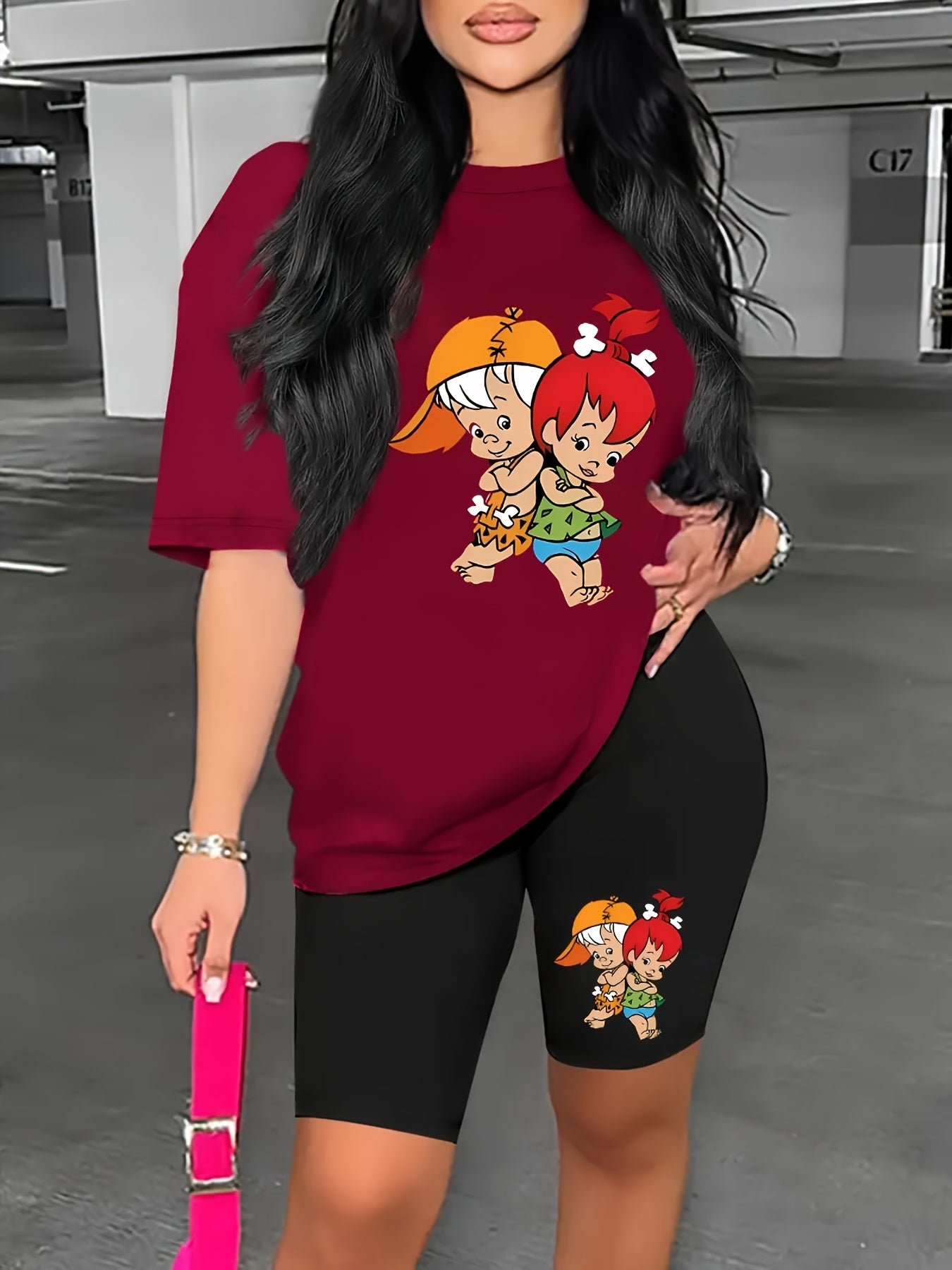 Trendy Cartoon Graphic Tee & High-Waisted Biker Shorts - Soft, Stretchy, and Comfortable Polyester Blend for Spring/Summer Outfits