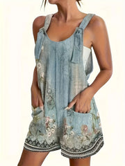 Casual Tie-Front Romper with Pockets And a Stylish Print for Women on Vacation