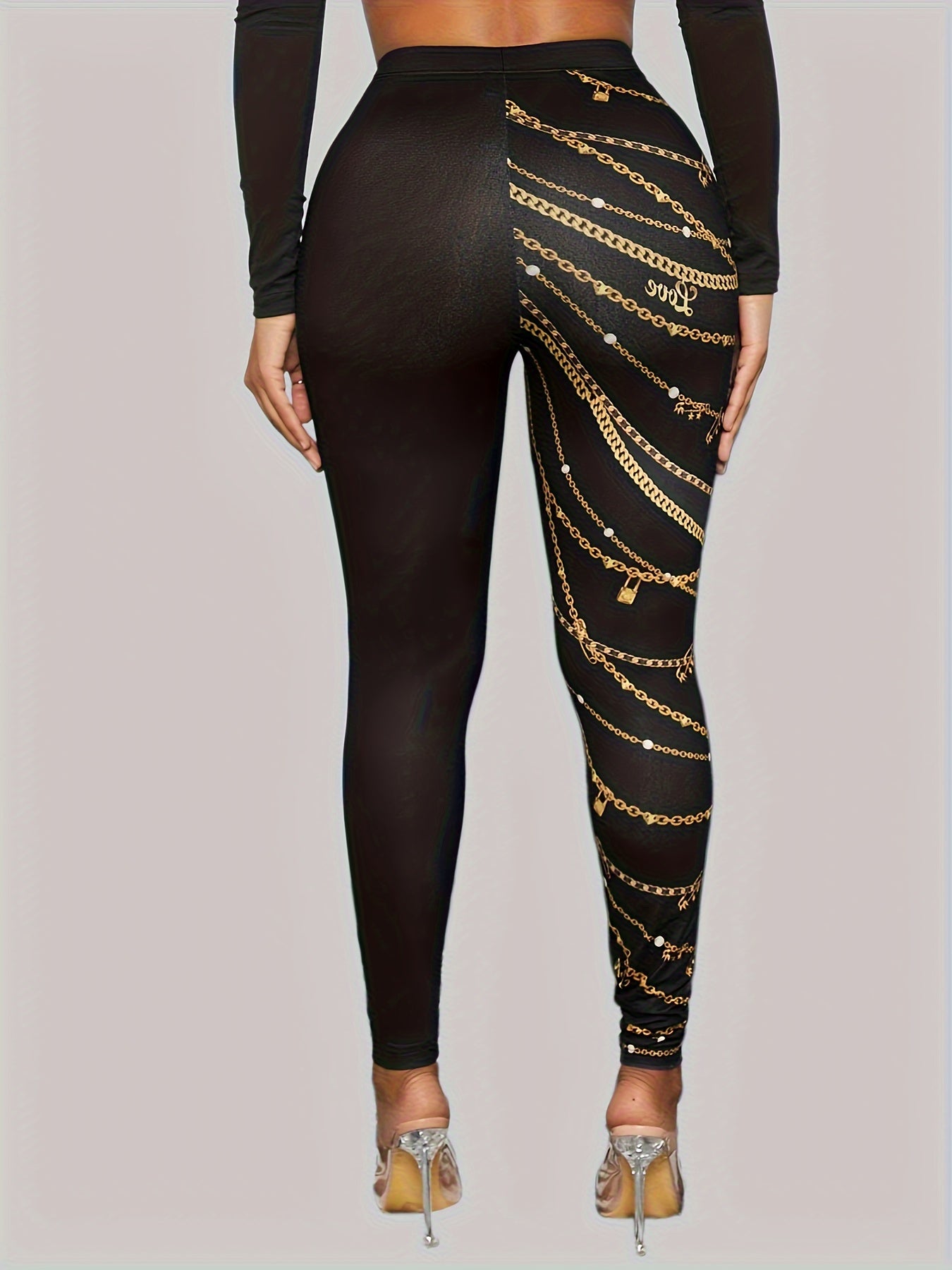 Stylish Black Leggings with Golden Chain Print - High-Waist, Stretchy & Comfortable, Polyester/Elastane Blend, Machine Washable - Versatile All-Season Wear for Women